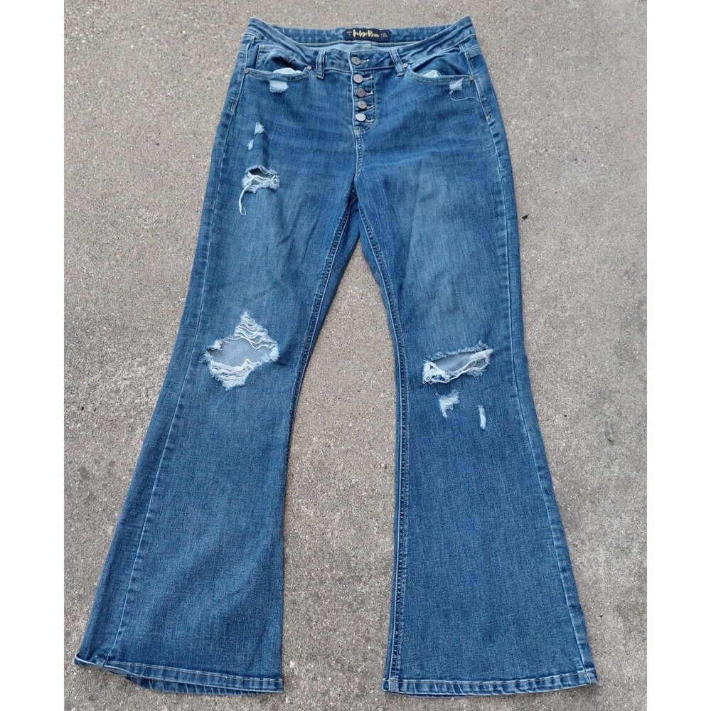 Indigo Rein Flare Jeans Womens 11 Blue Denim Distressed Button Fly Outdoor